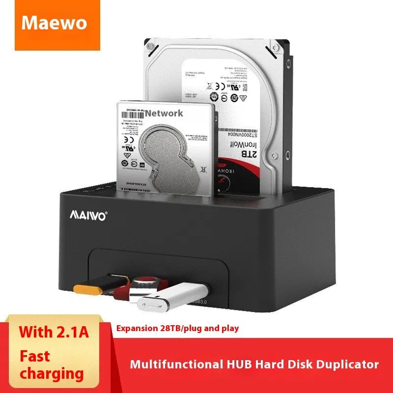 Hard disk dock dual-disk SATA copier with two drive bays in black ABS plastic housing