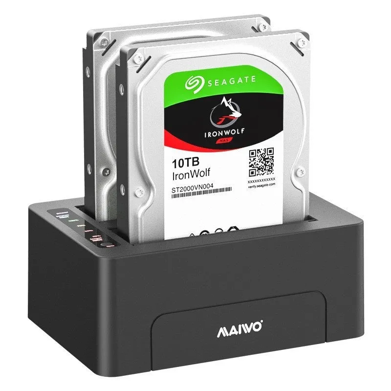 Hard disk dock dual-disk SATA copier with two drive bays in black ABS plastic housing