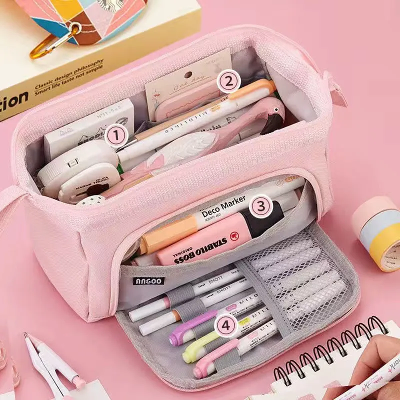 Double-layer canvas pencil case in pink colour, fabric material, for school or office stationery storage.