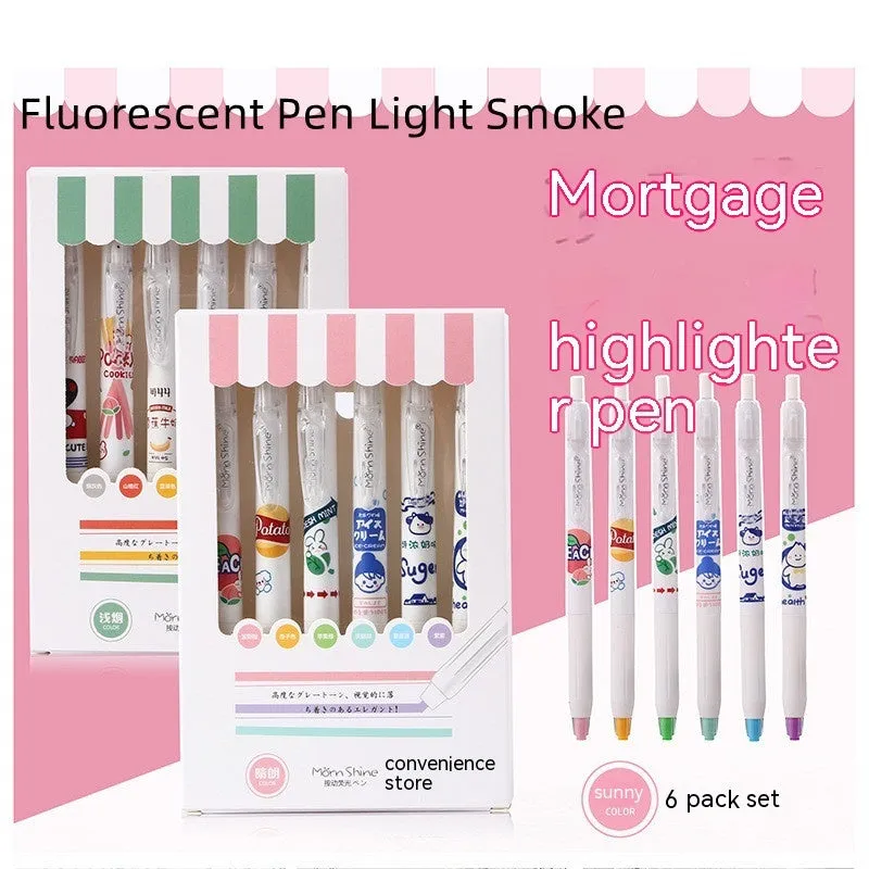 Fluorescent pen snacks 6 pack highlighter set with oblique head in plastic shell boxed packing