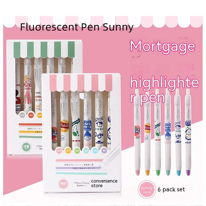 Fluorescent pen snacks 6 pack highlighter set with oblique head in plastic shell boxed packing
