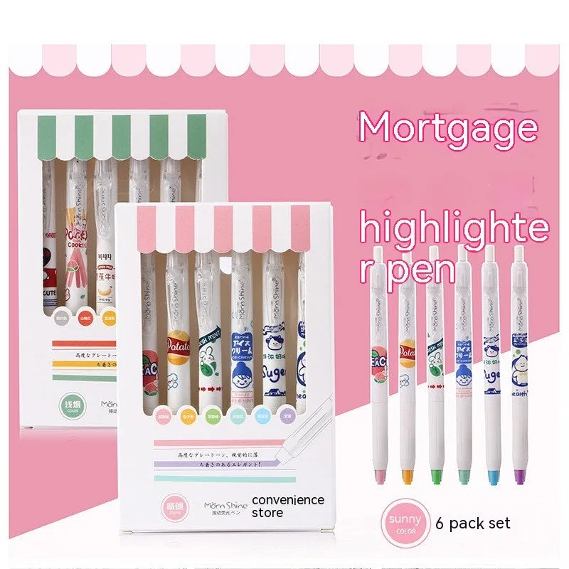 Fluorescent pen snacks 6 pack highlighter set with oblique head in plastic shell boxed packing
