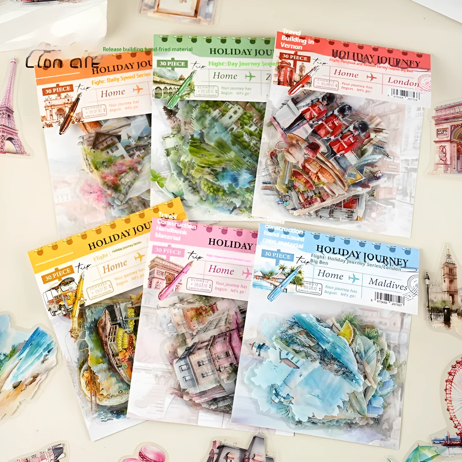 Holiday Journey Series architecture journal stickers showing retro designs of global landmarks