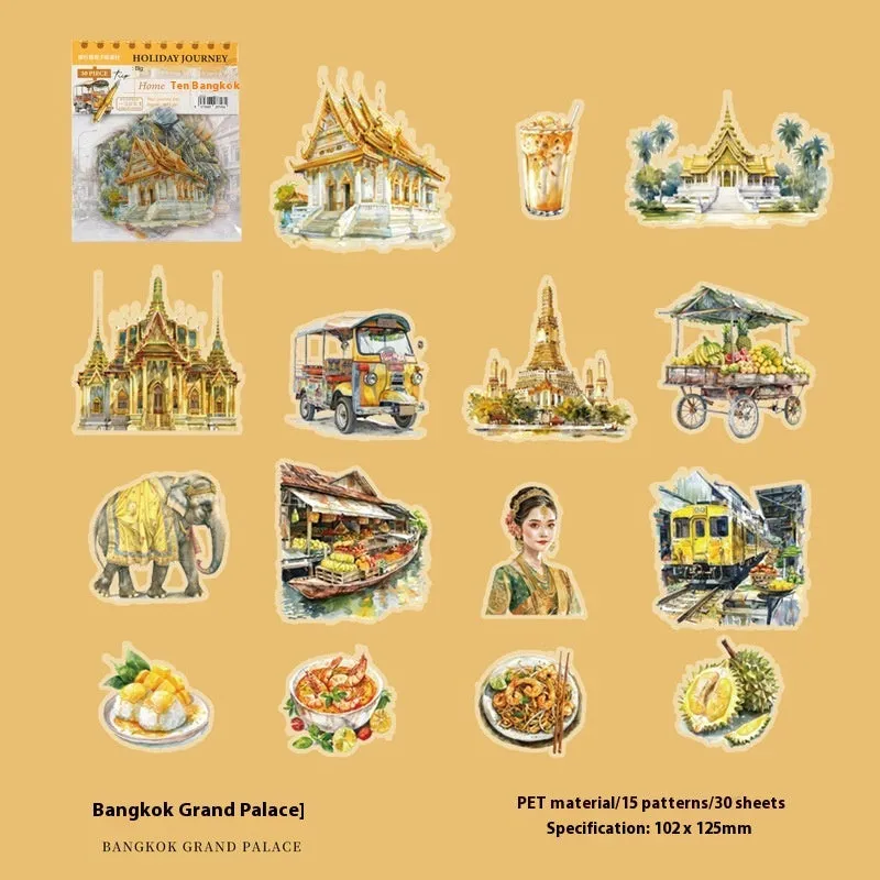 Holiday Journey Series architecture journal stickers showing retro designs of global landmarks