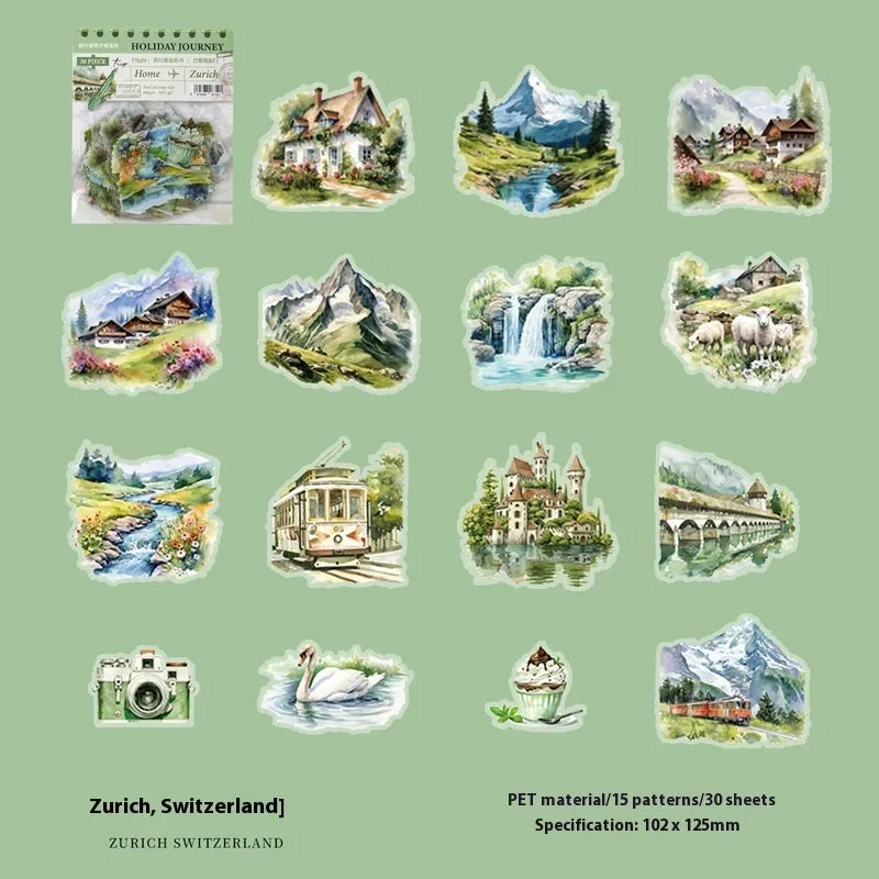 Holiday Journey Series architecture journal stickers showing retro designs of global landmarks