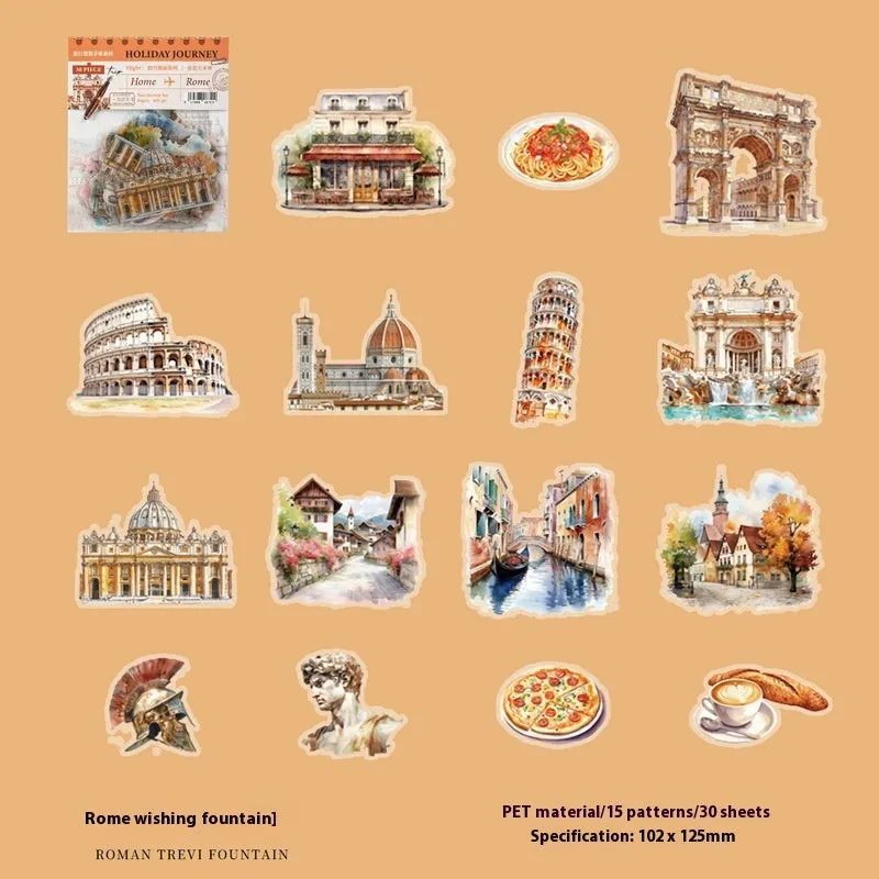 Holiday Journey Series architecture journal stickers showing retro designs of global landmarks