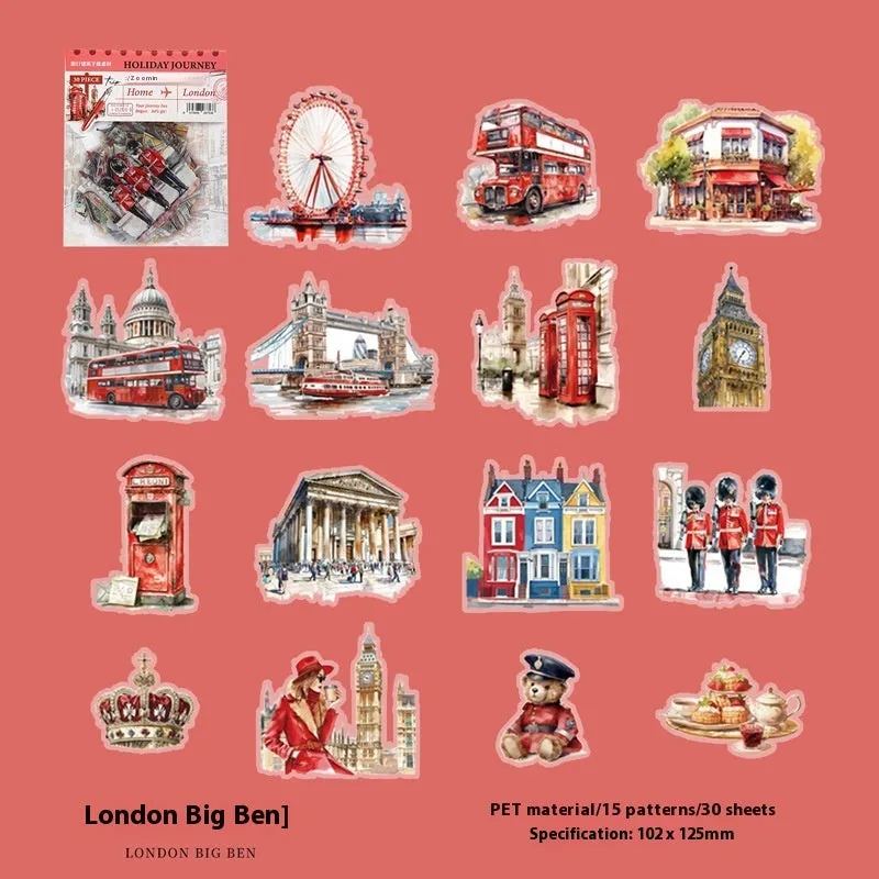 Holiday Journey Series architecture journal stickers showing retro designs of global landmarks