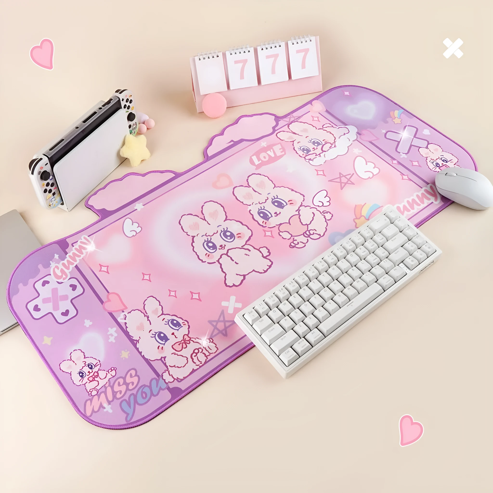 Fluffy rabbit oversized mouse pad 73x40cm on desk with natural rubber base and thermal transfer print