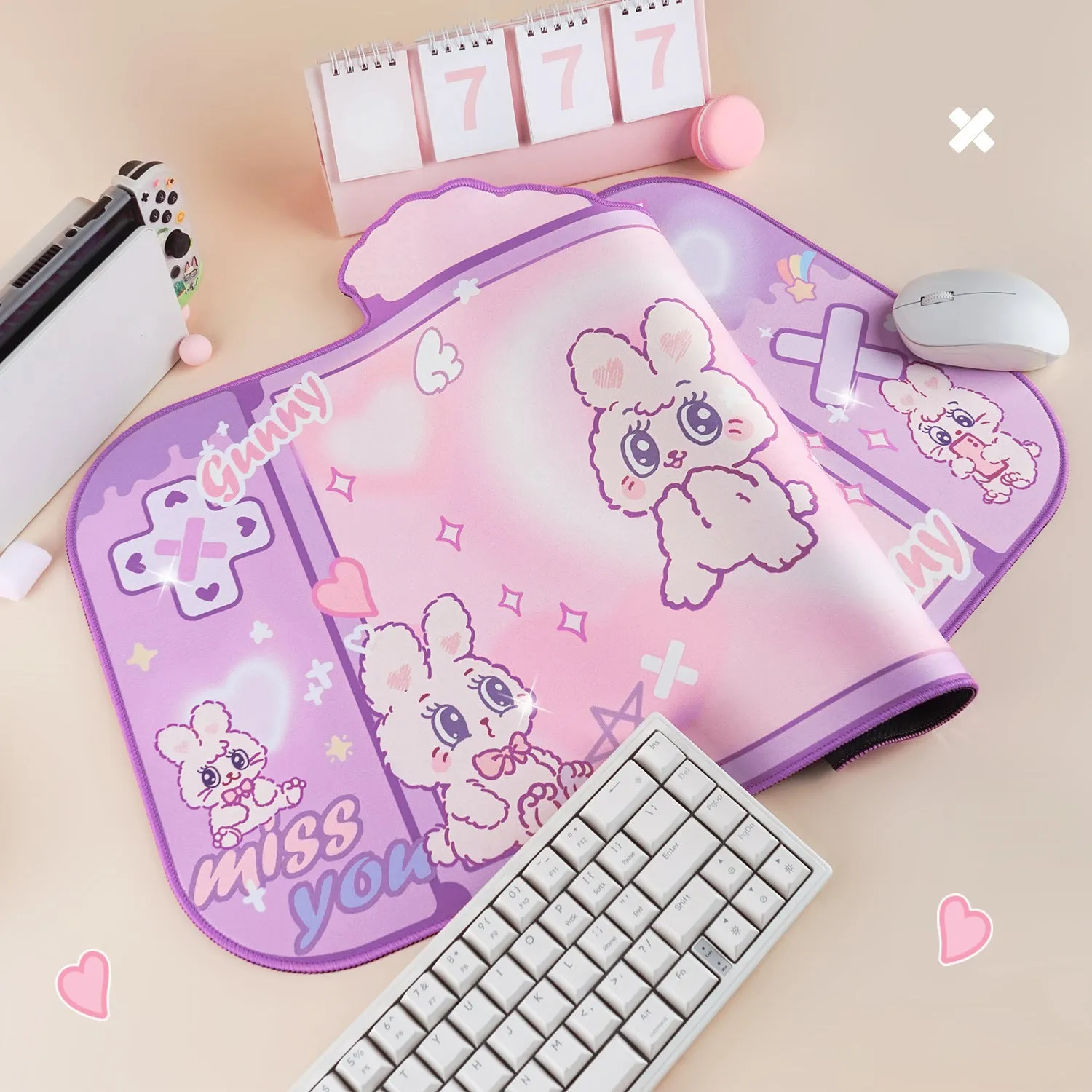 Fluffy rabbit oversized mouse pad 73x40cm on desk with natural rubber base and thermal transfer print