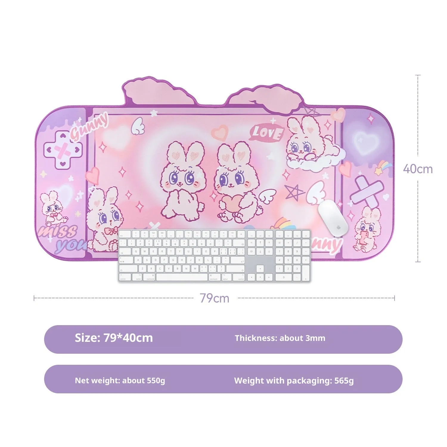 Fluffy rabbit oversized mouse pad 73x40cm on desk with natural rubber base and thermal transfer print