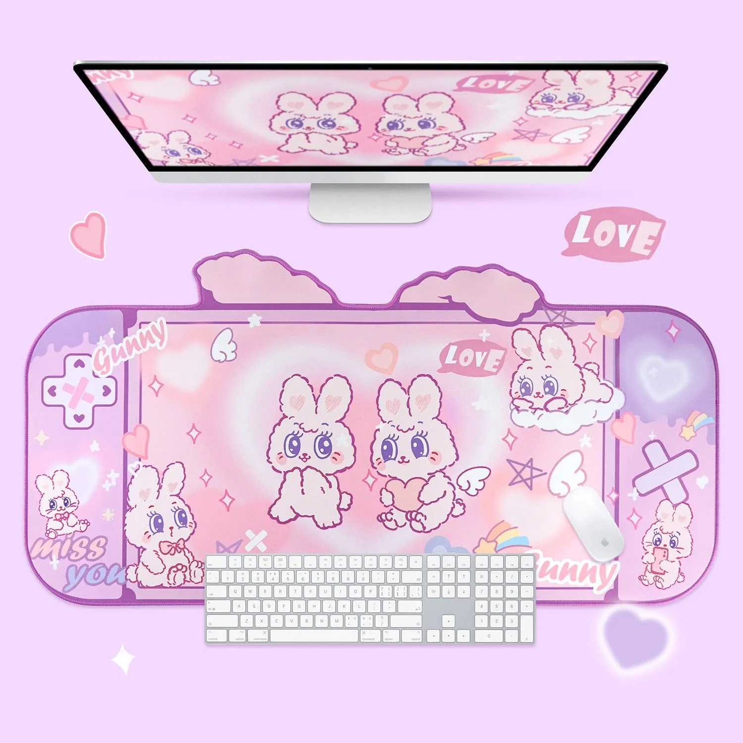 Fluffy rabbit oversized mouse pad 73x40cm on desk with natural rubber base and thermal transfer print
