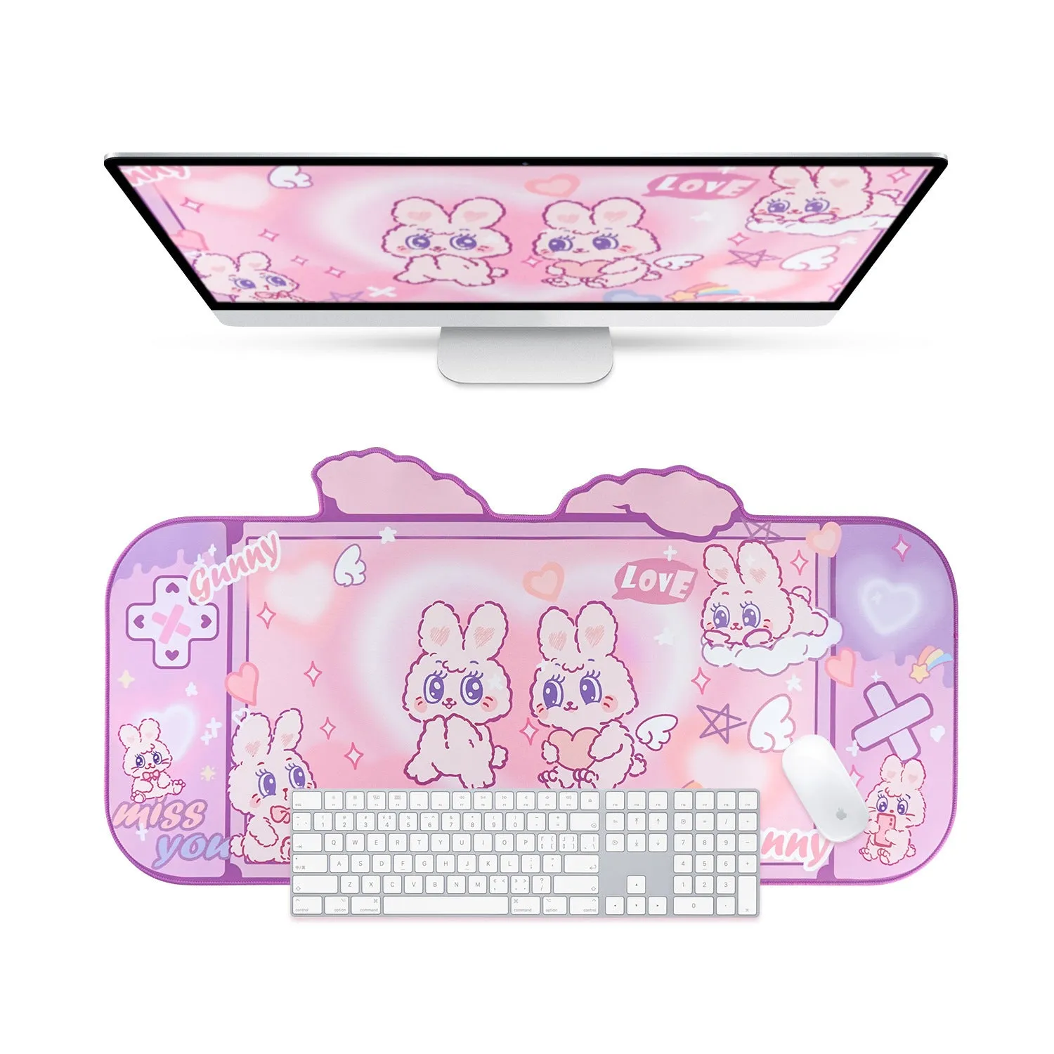 Fluffy rabbit oversized mouse pad 73x40cm on desk with natural rubber base and thermal transfer print