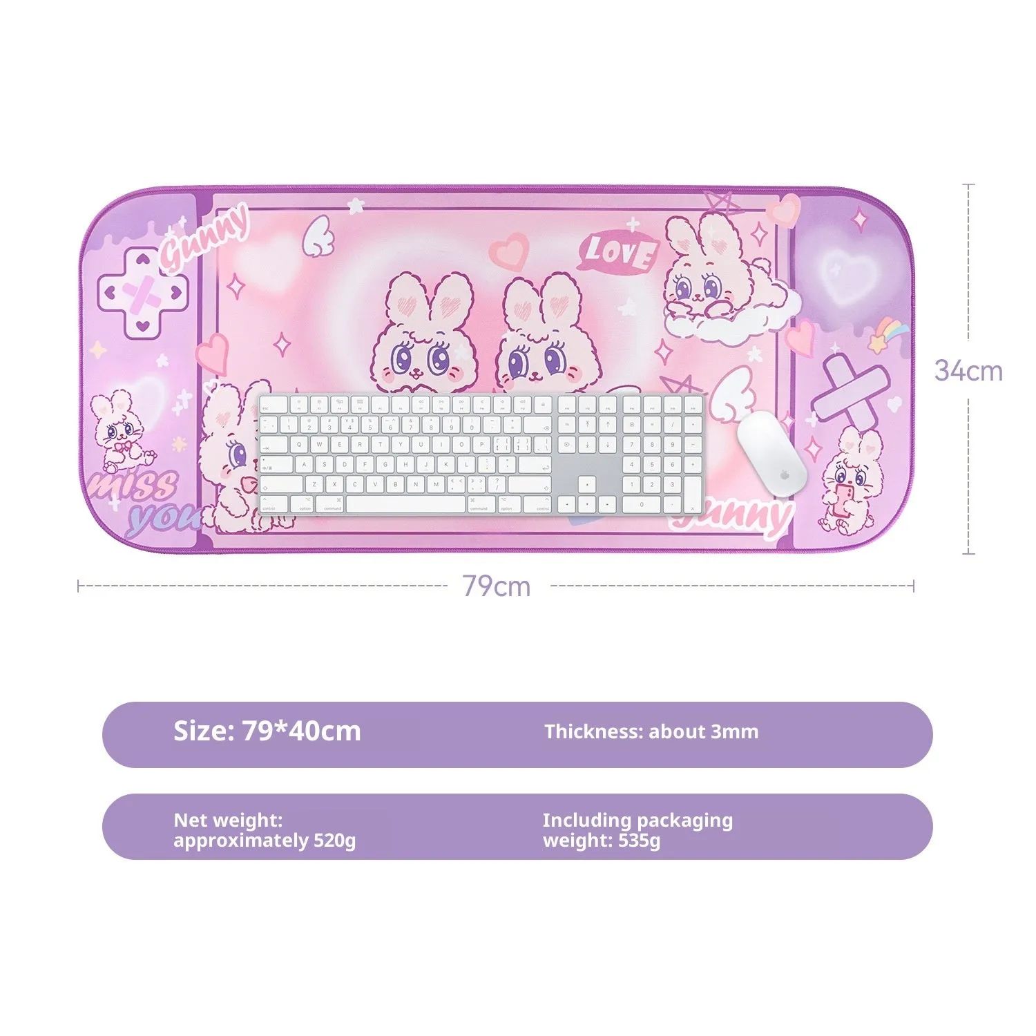 Fluffy rabbit oversized mouse pad 73x40cm on desk with natural rubber base and thermal transfer print