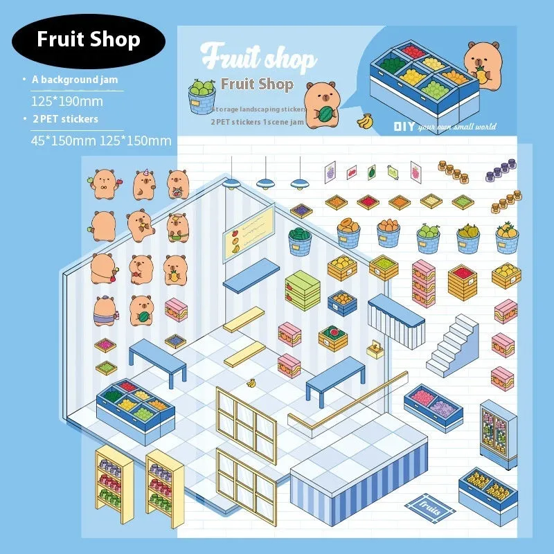 Pack of cut-free cartoon landscaping stickers showing bakery, bookstore, and flower shop scenes on a 190x125mm sheet.