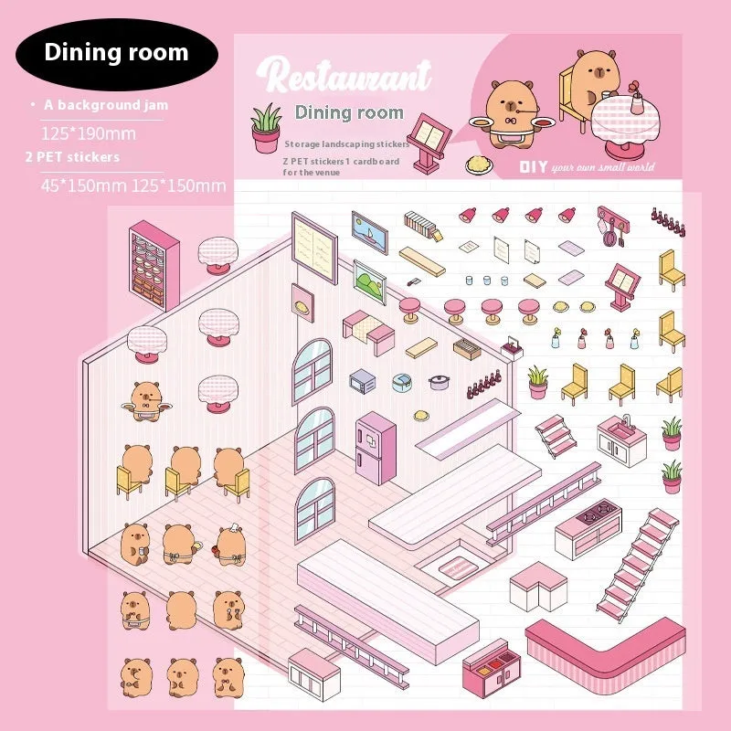Pack of cut-free cartoon landscaping stickers showing bakery, bookstore, and flower shop scenes on a 190x125mm sheet.