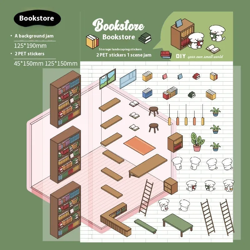 Pack of cut-free cartoon landscaping stickers showing bakery, bookstore, and flower shop scenes on a 190x125mm sheet.