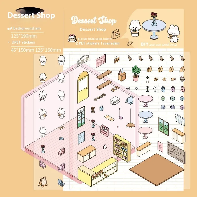 Pack of cut-free cartoon landscaping stickers showing bakery, bookstore, and flower shop scenes on a 190x125mm sheet.