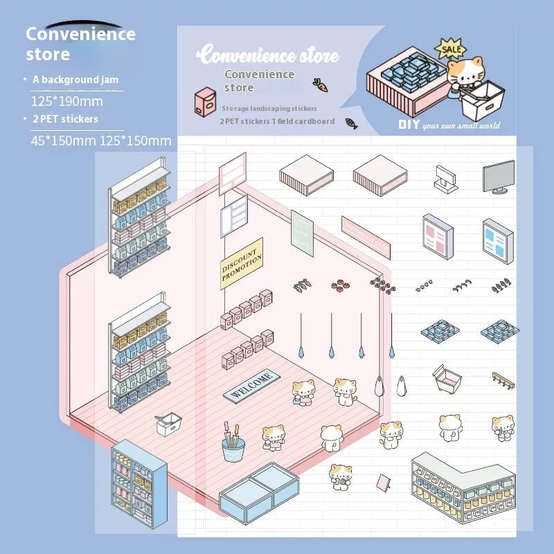 Pack of cut-free cartoon landscaping stickers showing bakery, bookstore, and flower shop scenes on a 190x125mm sheet.
