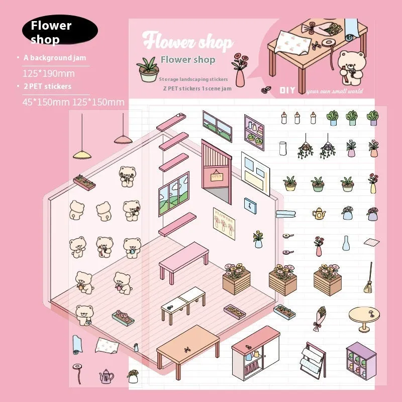 Pack of cut-free cartoon landscaping stickers showing bakery, bookstore, and flower shop scenes on a 190x125mm sheet.