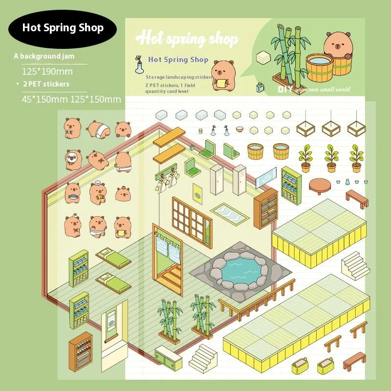 Pack of cut-free cartoon landscaping stickers showing bakery, bookstore, and flower shop scenes on a 190x125mm sheet.