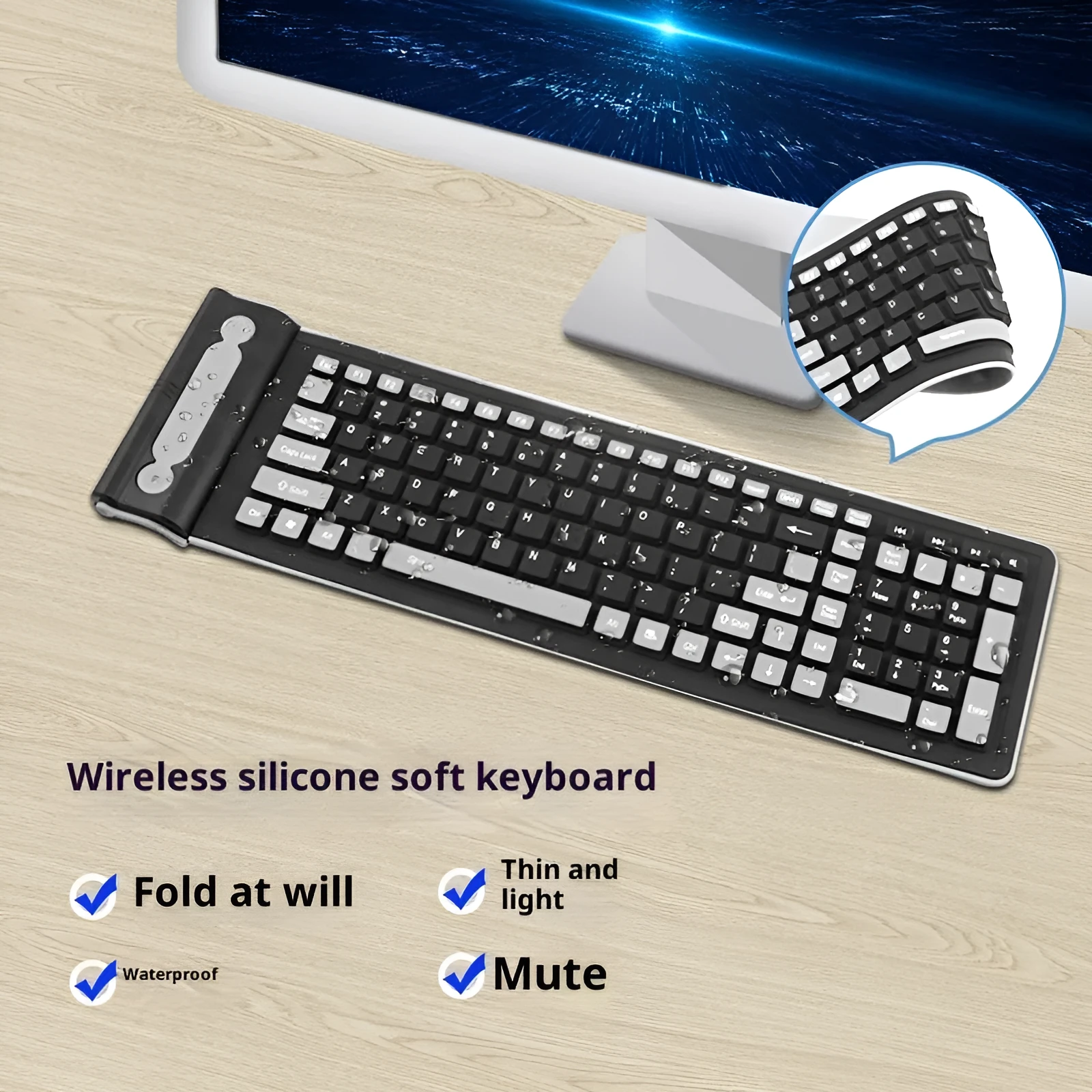 24g wireless mute folding silicone keyboard in folded position on a desk, showing USB receiver