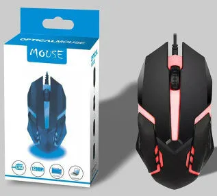 Wired USB gaming mouse with colourful breathing light, black four-button design, and 1.2 metre cable
