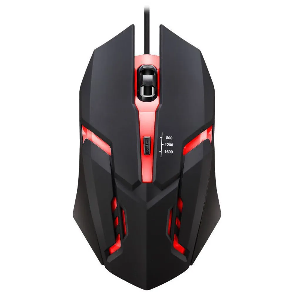Wired USB gaming mouse with colourful breathing light, black four-button design, and 1.2 metre cable