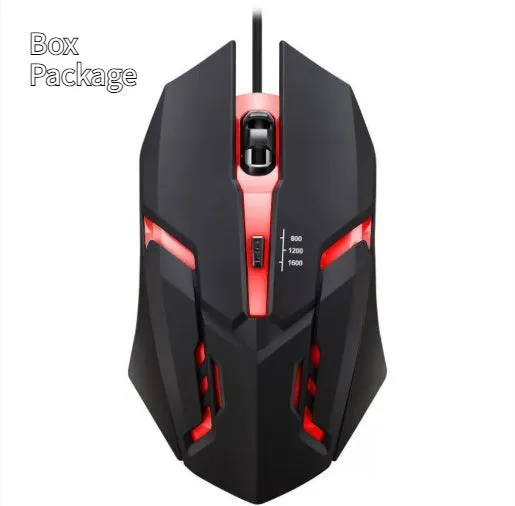 Wired USB gaming mouse with colourful breathing light, black four-button design, and 1.2 metre cable