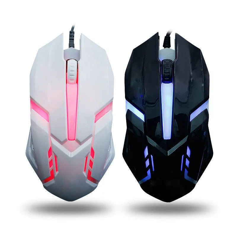 Wired USB gaming mouse with colourful breathing light, black four-button design, and 1.2 metre cable