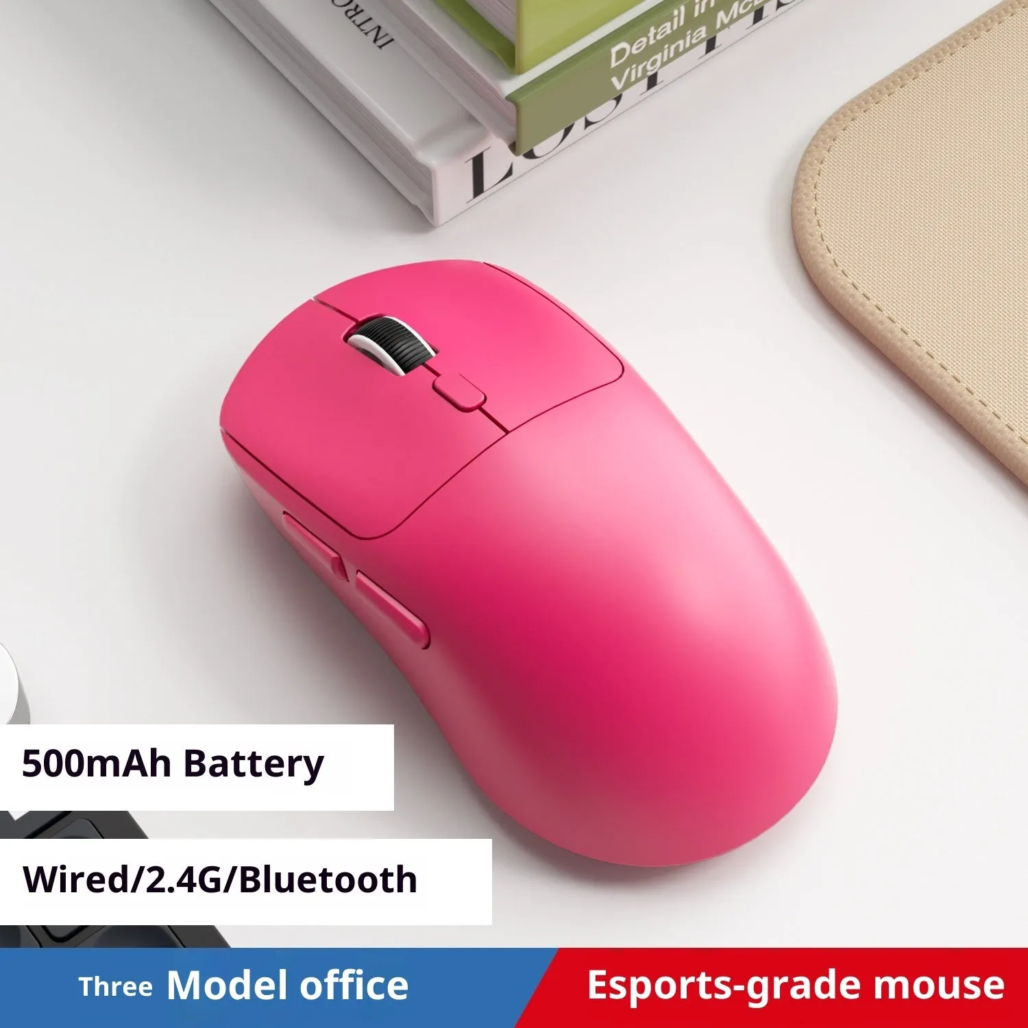 Three-mode wireless mouse in gradient grey white with self-charging USB port and quiet buttons