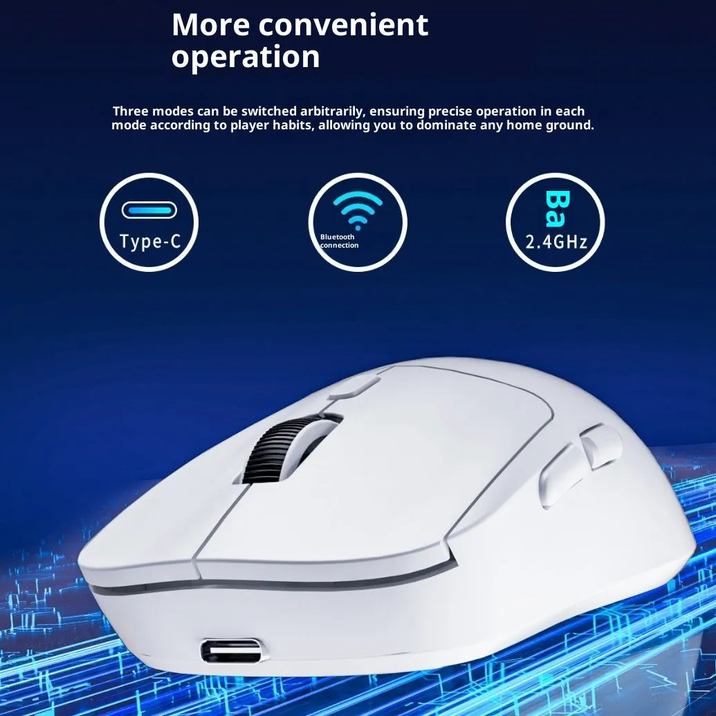 Three-mode wireless mouse in gradient grey white with self-charging USB port and quiet buttons