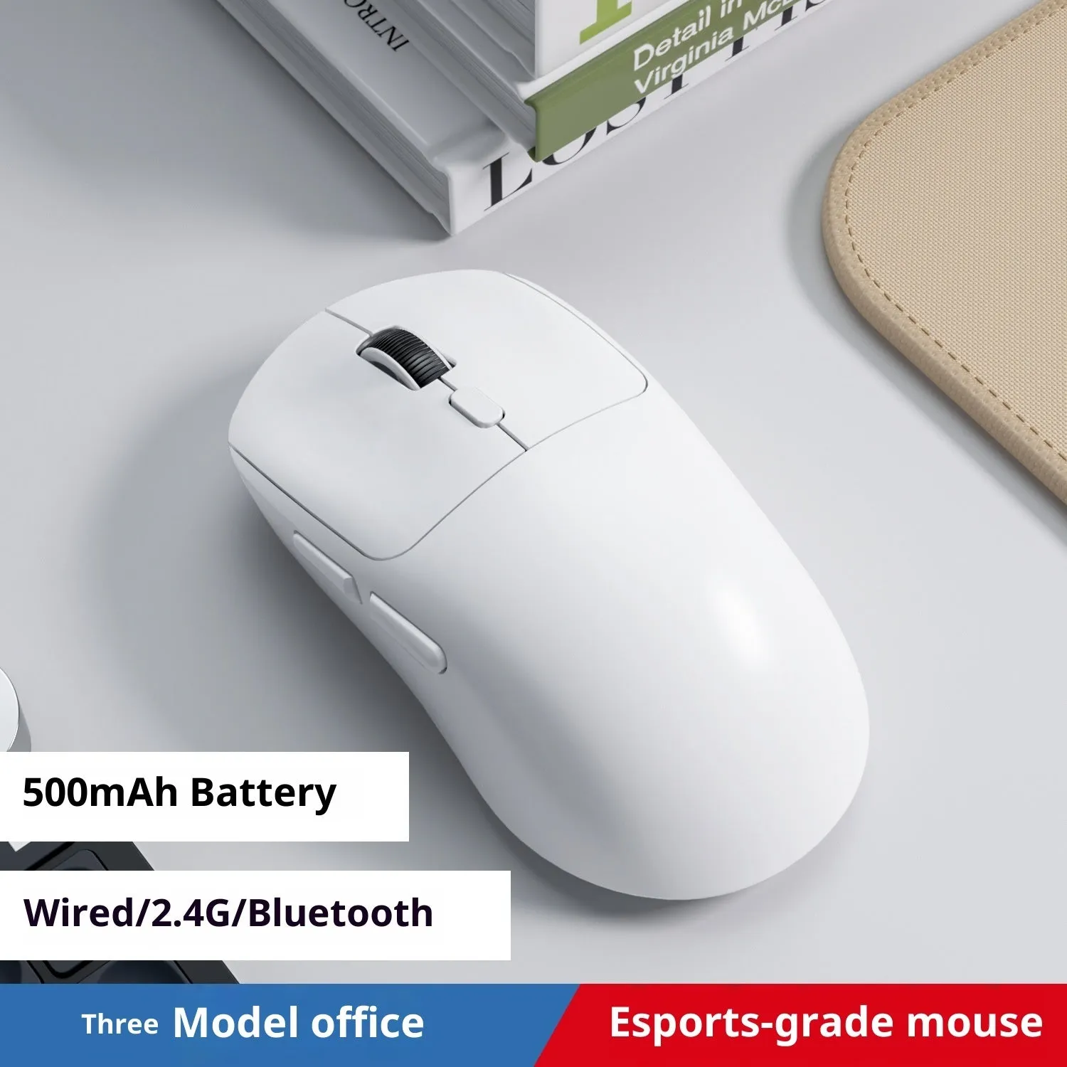 Three-mode wireless mouse in gradient grey white with self-charging USB port and quiet buttons