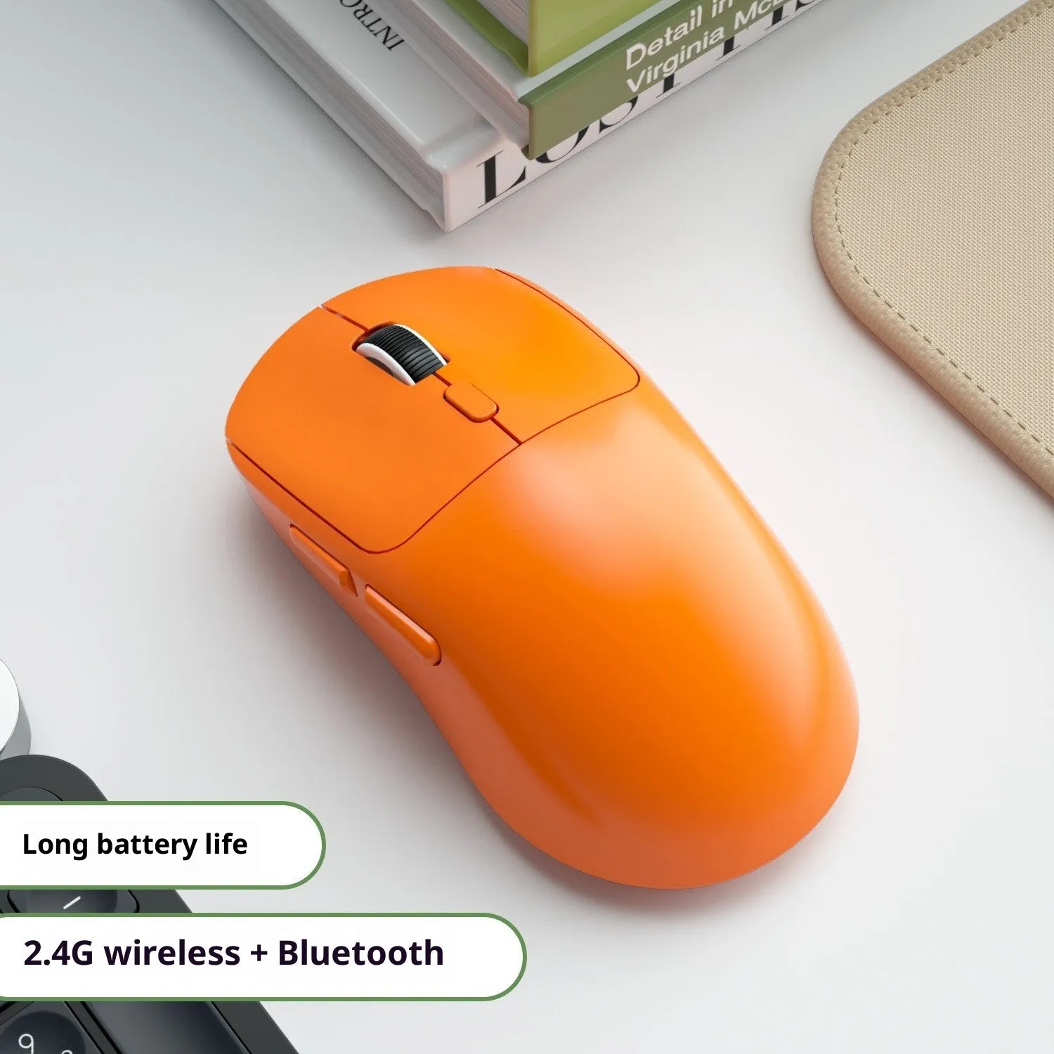 Three-mode wireless mouse in gradient grey white with self-charging USB port and quiet buttons