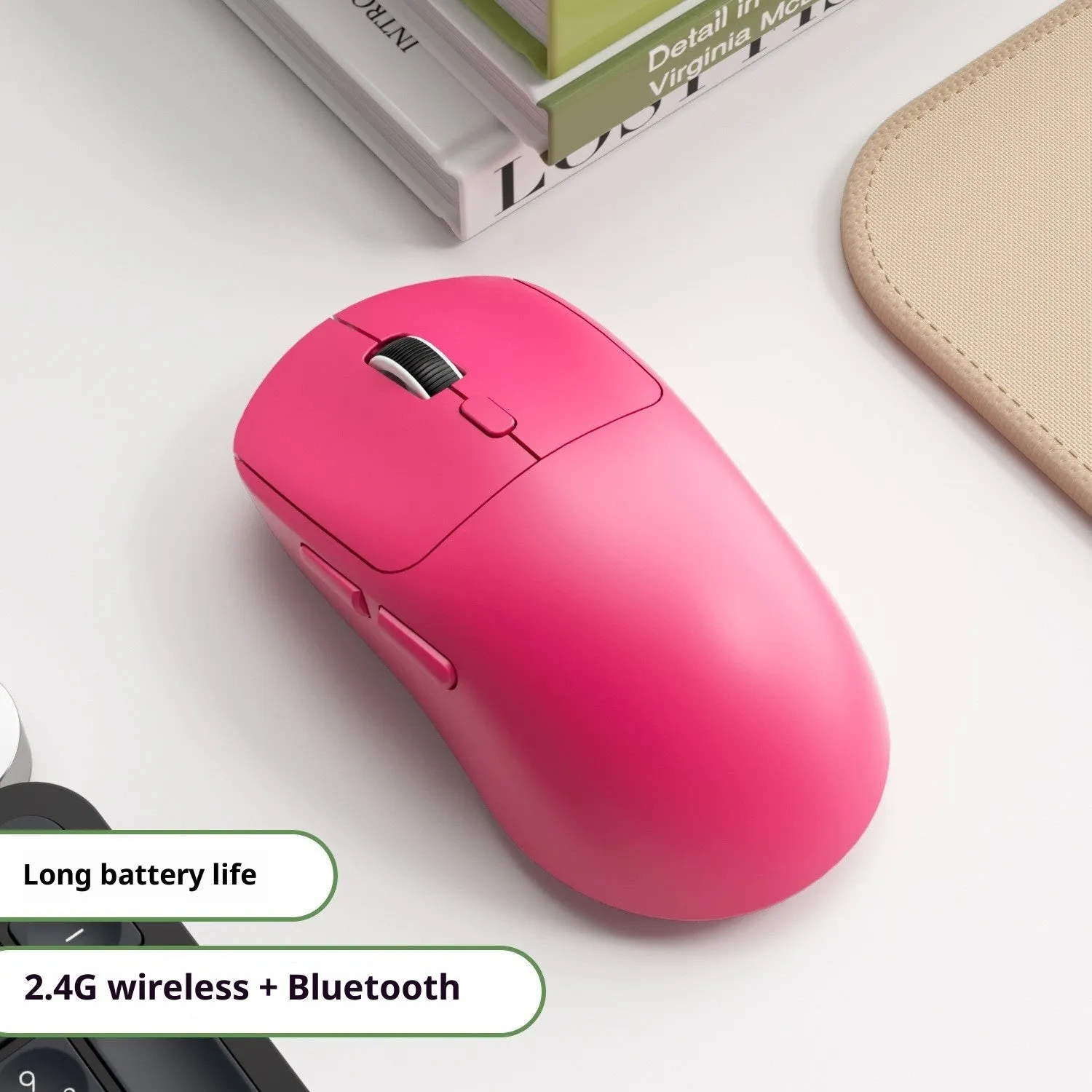 Three-mode wireless mouse in gradient grey white with self-charging USB port and quiet buttons