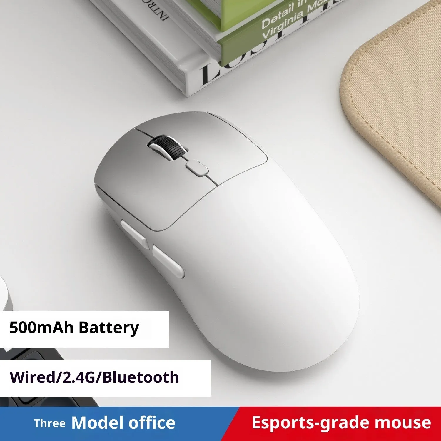 Three-mode wireless mouse in gradient grey white with self-charging USB port and quiet buttons