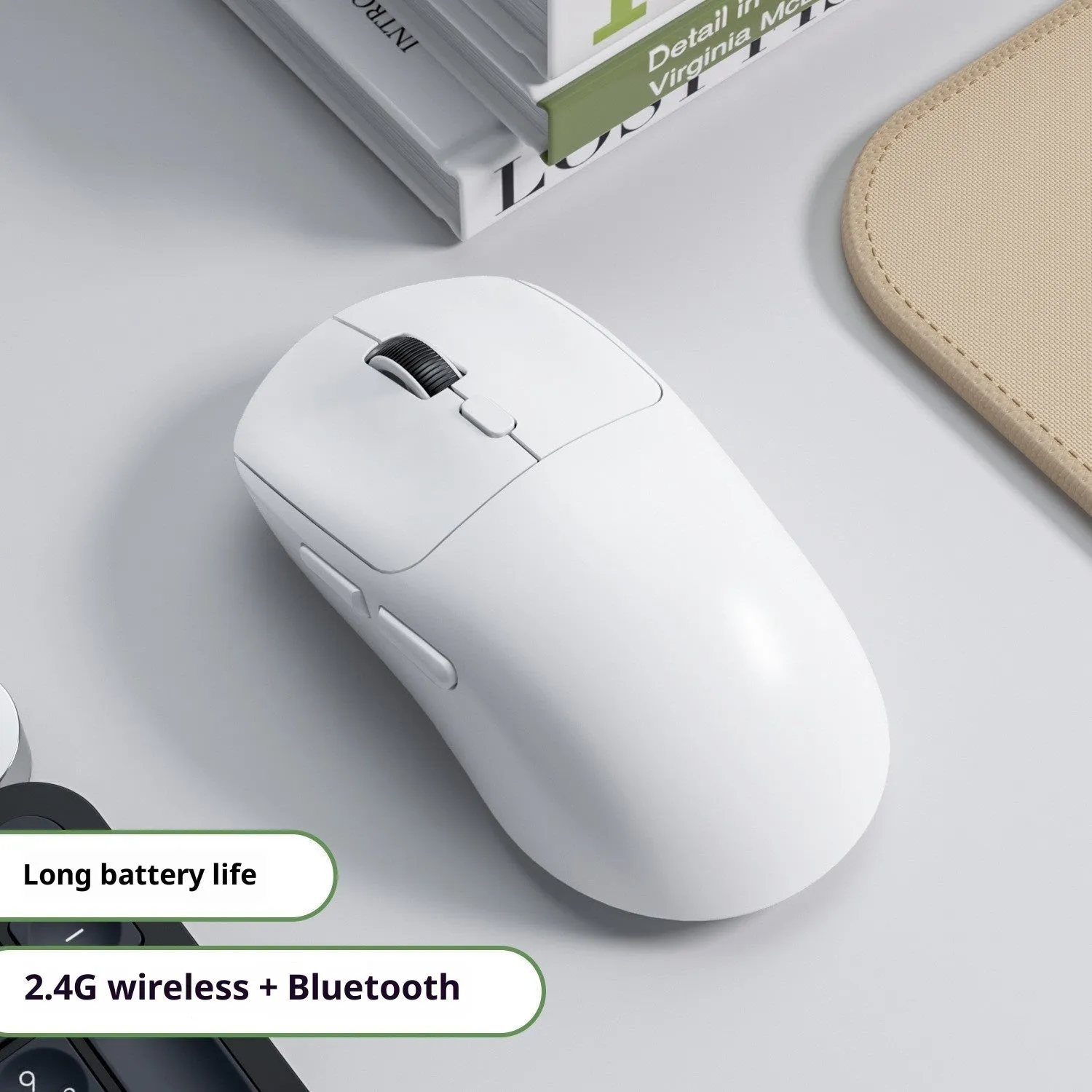 Three-mode wireless mouse in gradient grey white with self-charging USB port and quiet buttons