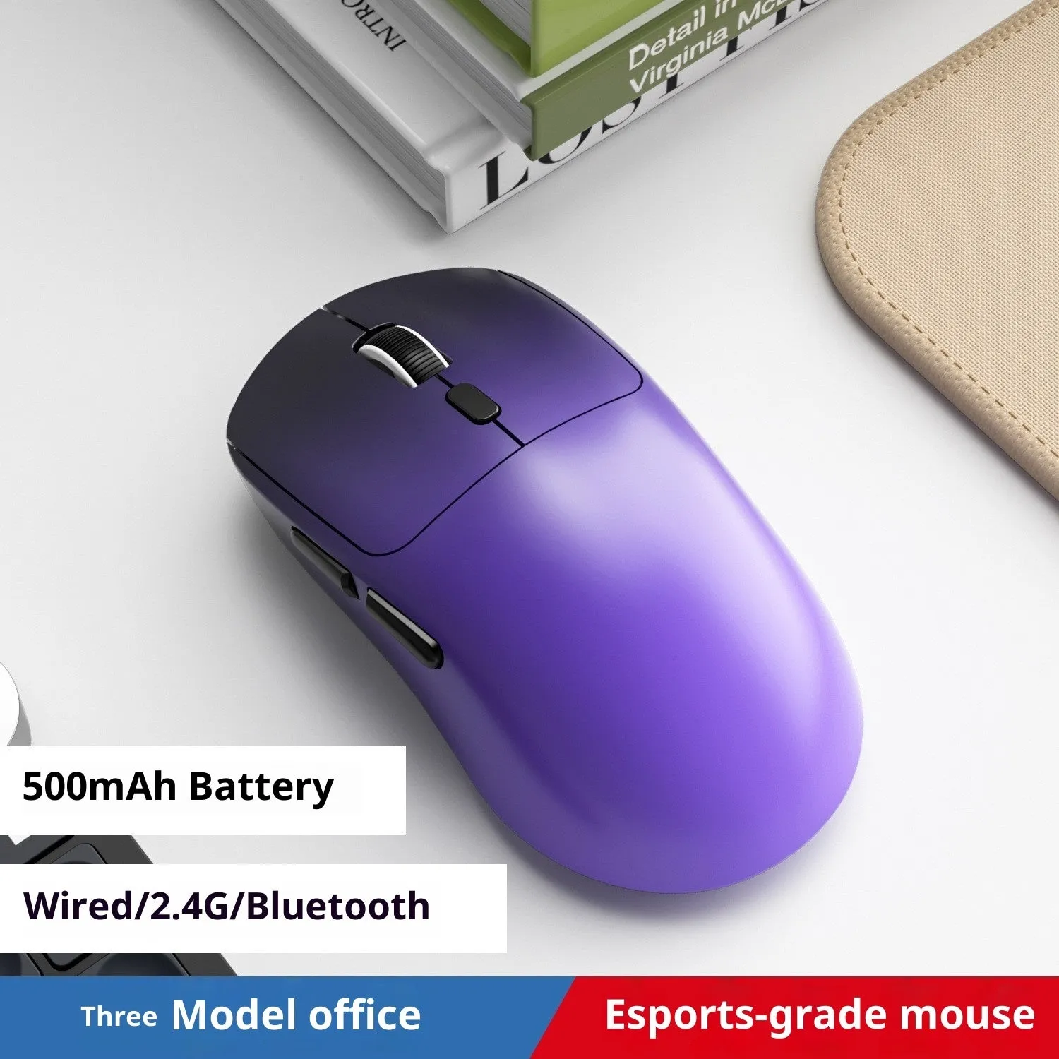 Three-mode wireless mouse in gradient grey white with self-charging USB port and quiet buttons
