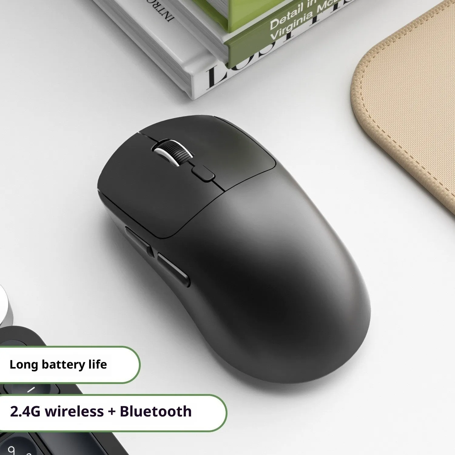 Three-mode wireless mouse in gradient grey white with self-charging USB port and quiet buttons