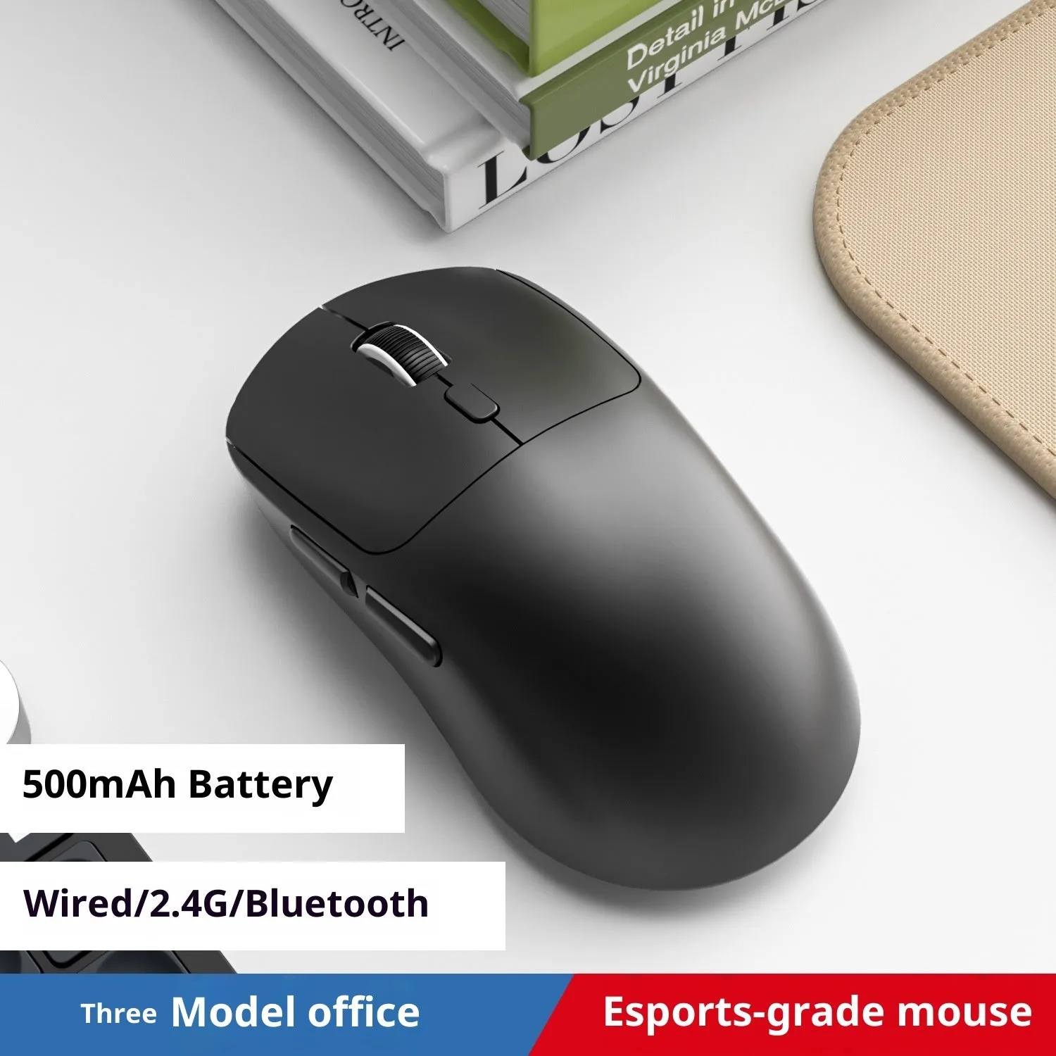 Three-mode wireless mouse in gradient grey white with self-charging USB port and quiet buttons