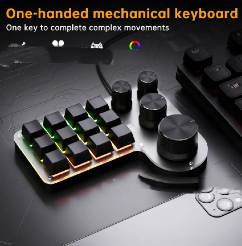 Black 3-die 12-key 4-knob custom mechanical keypad with red switches on desk