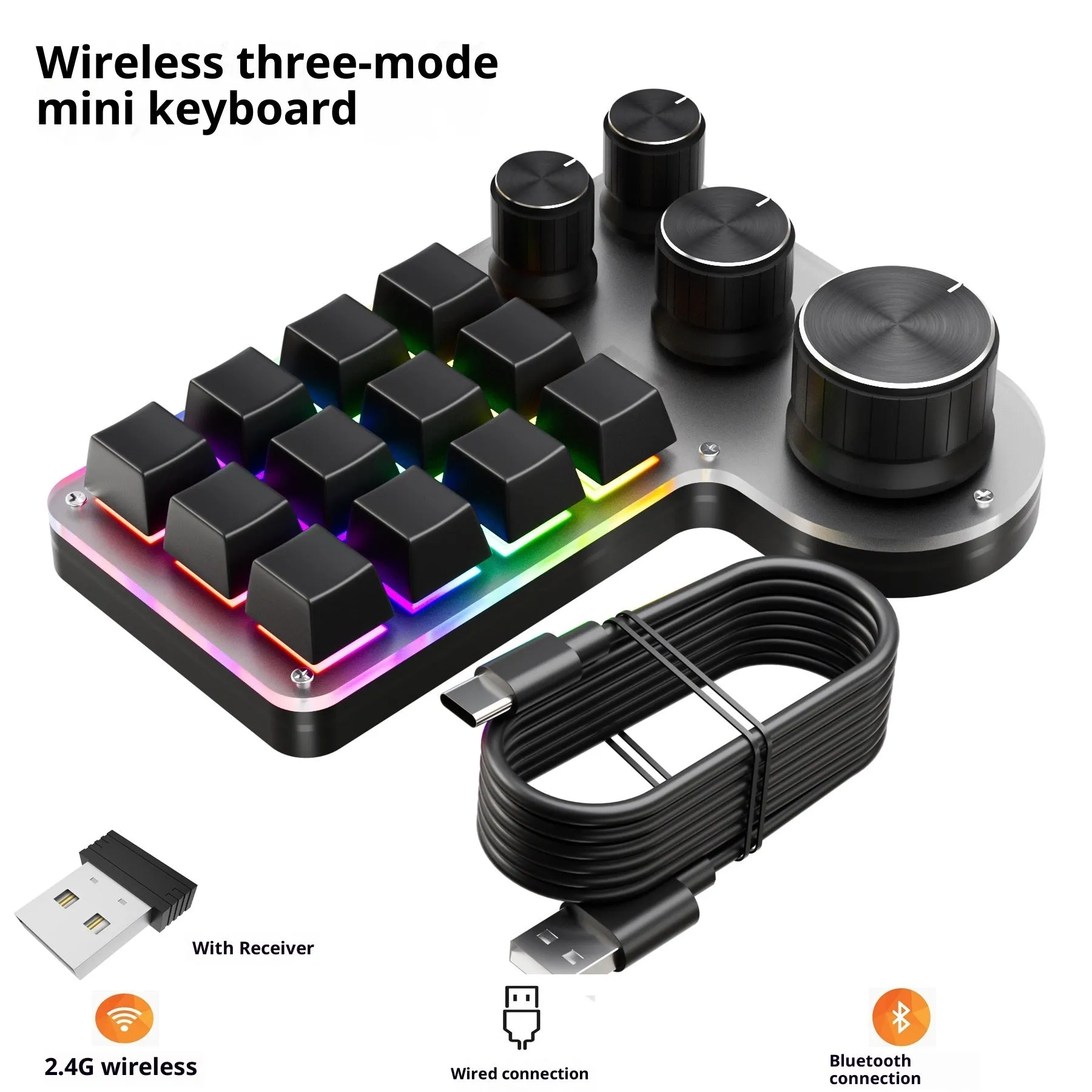 Black 3-die 12-key 4-knob custom mechanical keypad with red switches on desk