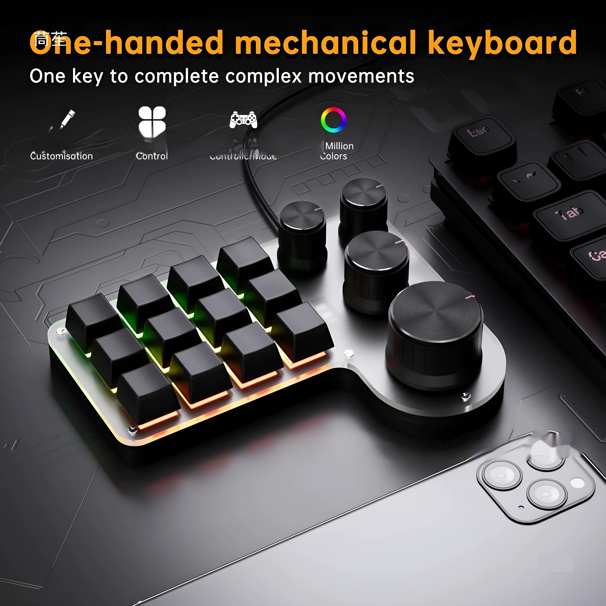 Black 3-die 12-key 4-knob custom mechanical keypad with red switches on desk