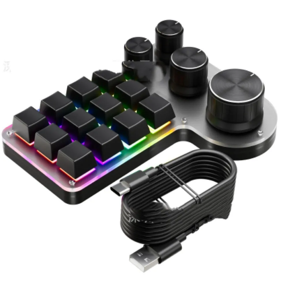 Black 3-die 12-key 4-knob custom mechanical keypad with red switches on desk