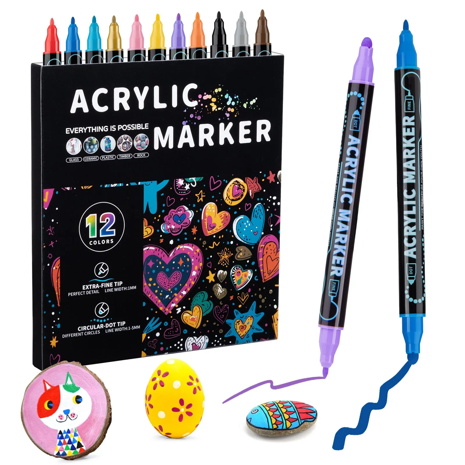 Set of household stackable dual-tip acrylic markers in multiple colours with caps on