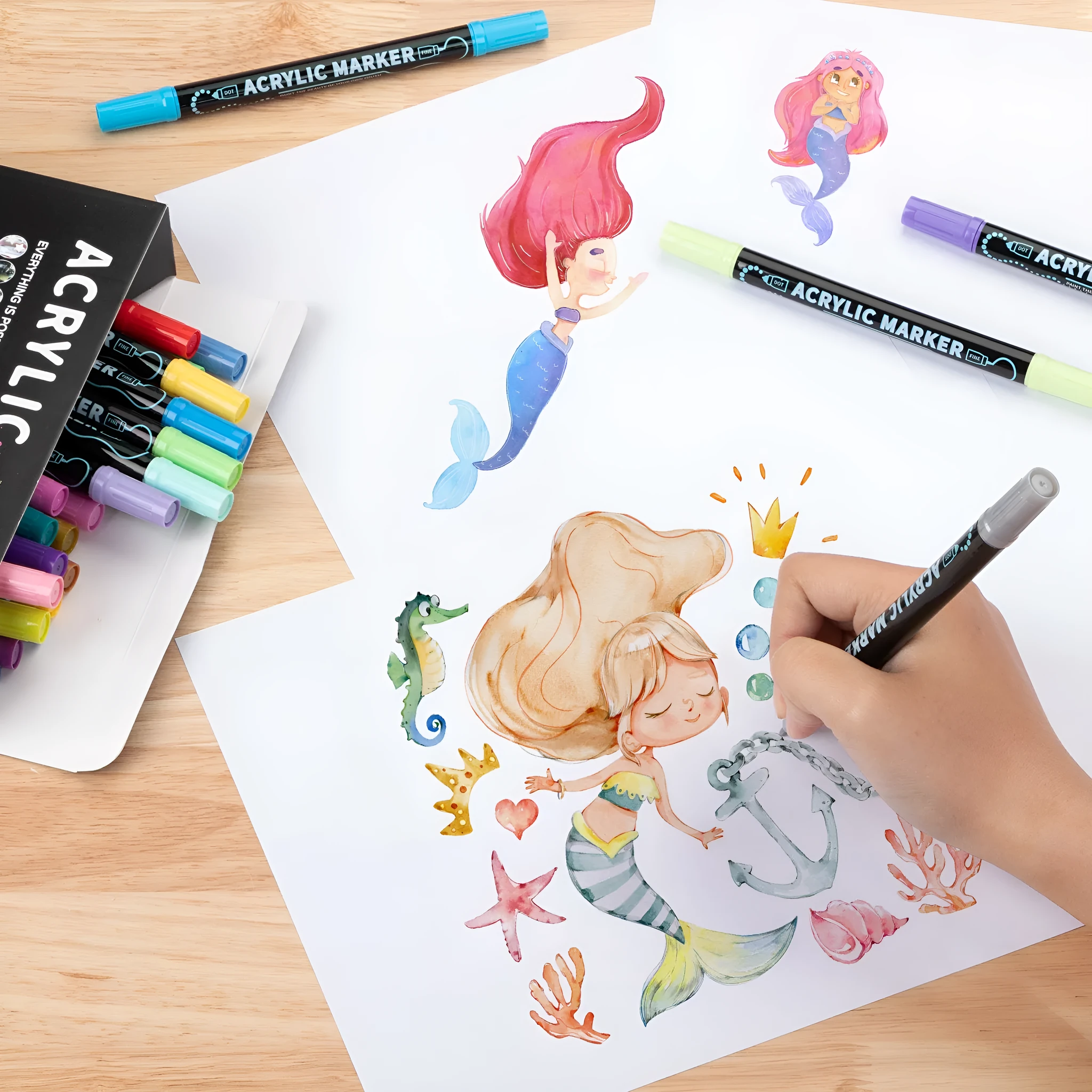 Set of household stackable dual-tip acrylic markers in multiple colours with caps on