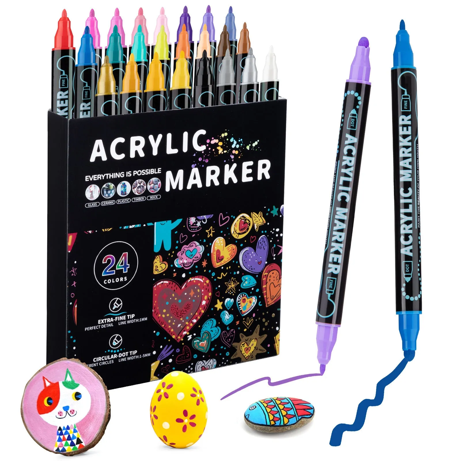 Set of household stackable dual-tip acrylic markers in multiple colours with caps on