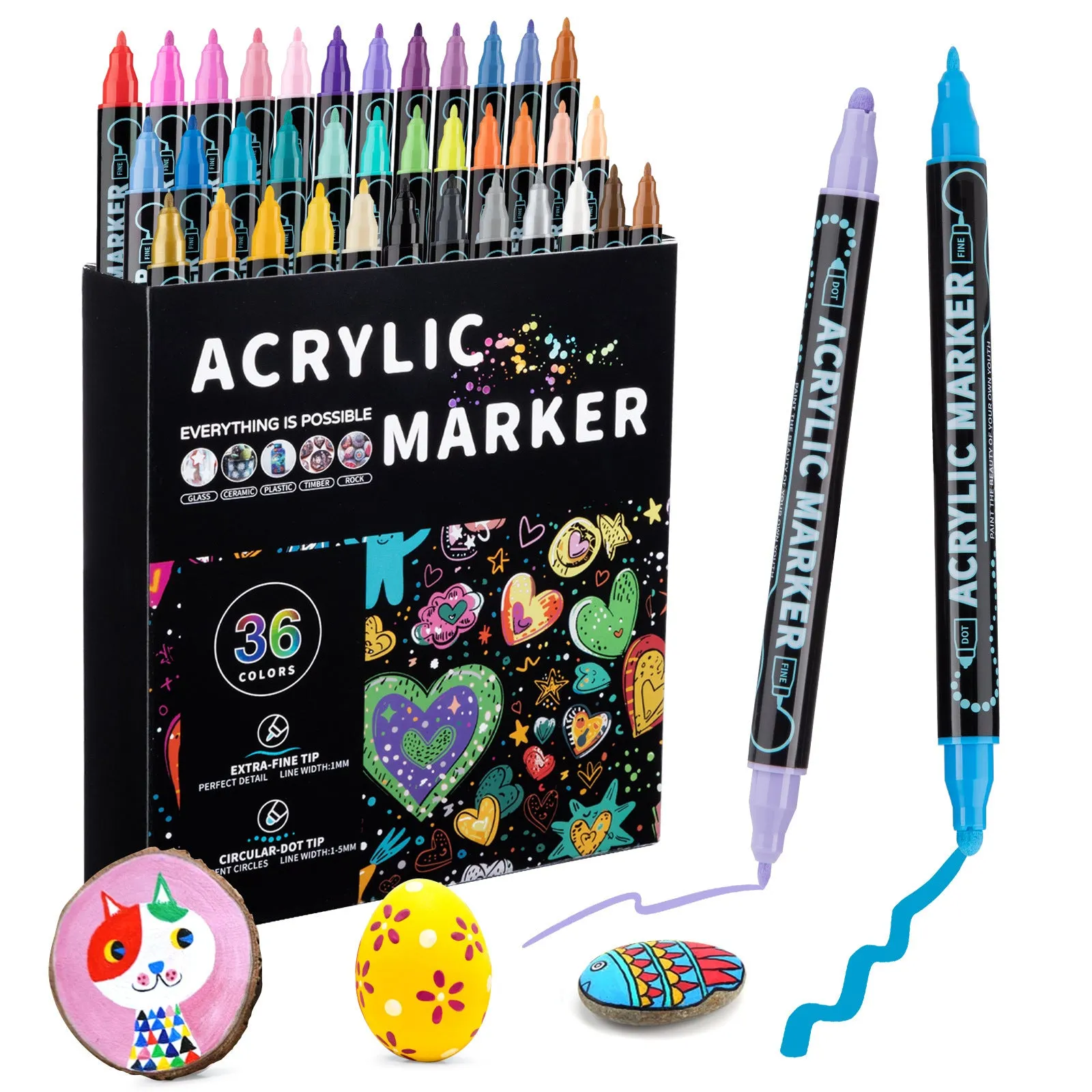Set of household stackable dual-tip acrylic markers in multiple colours with caps on