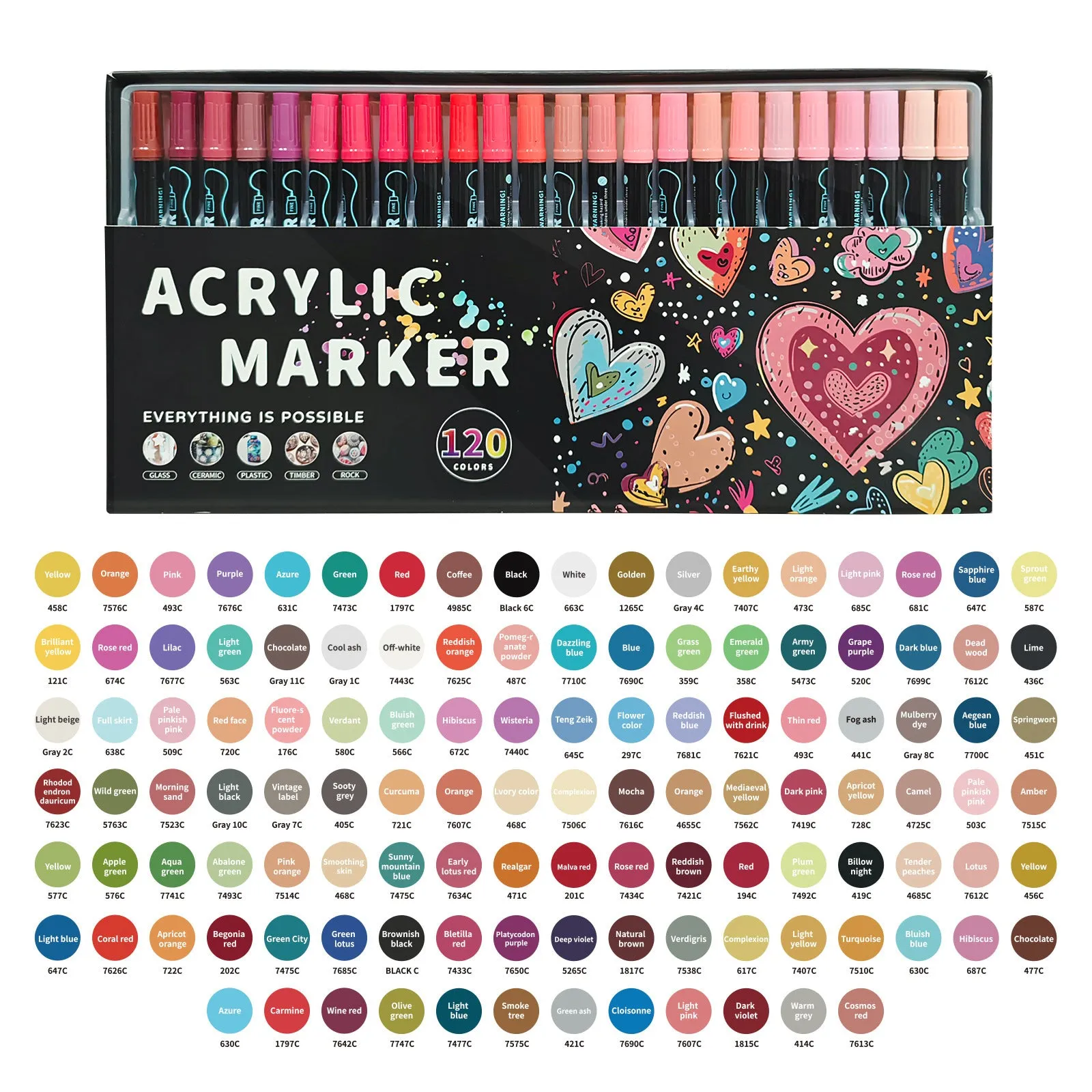 Set of household stackable dual-tip acrylic markers in multiple colours with caps on