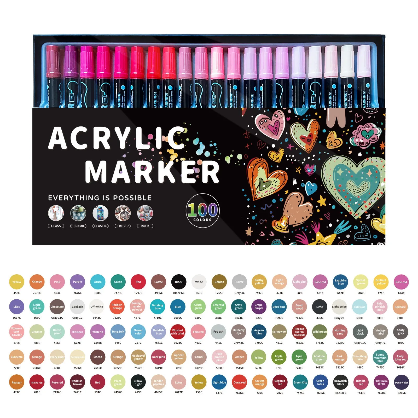 Set of household stackable dual-tip acrylic markers in multiple colours with caps on