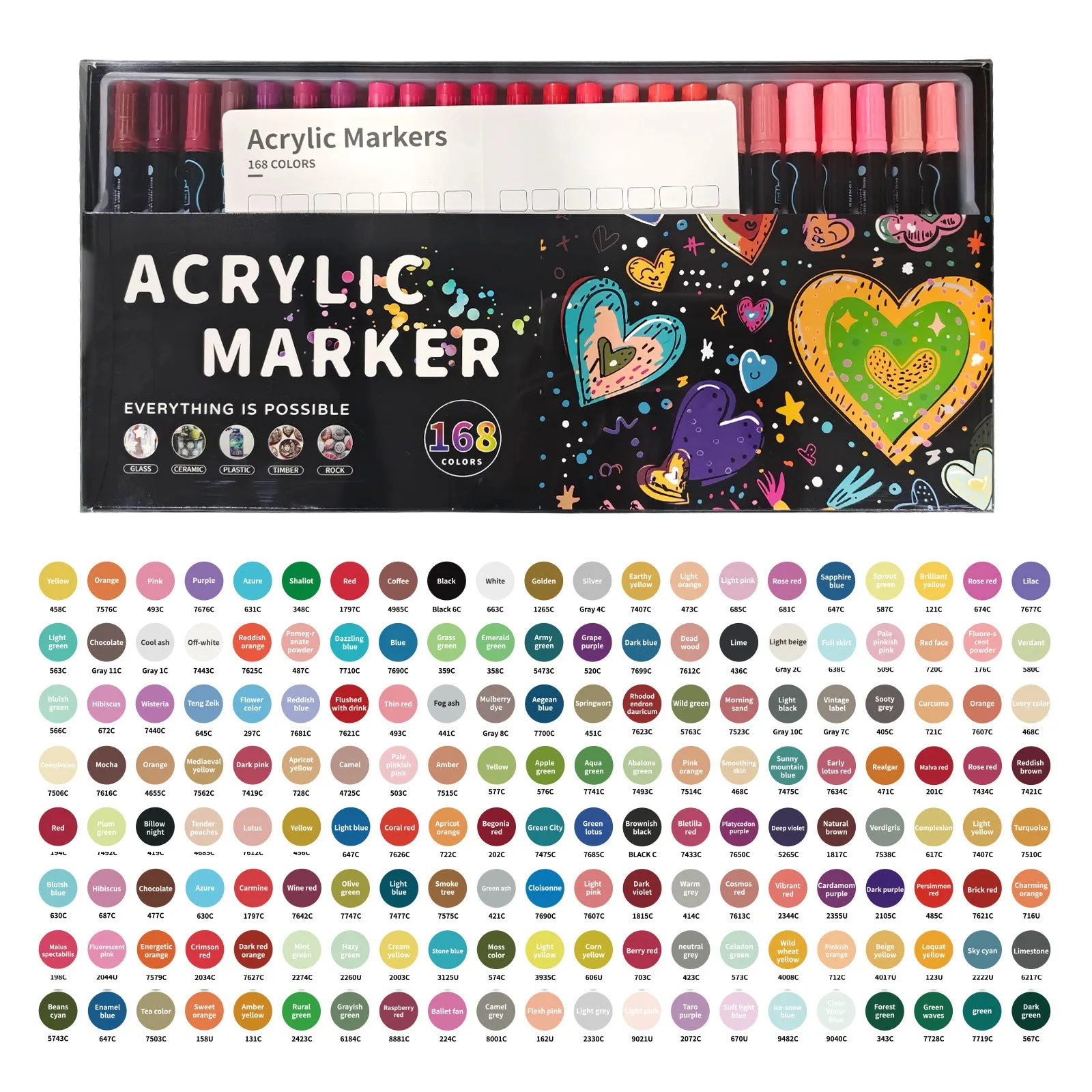 Set of household stackable dual-tip acrylic markers in multiple colours with caps on